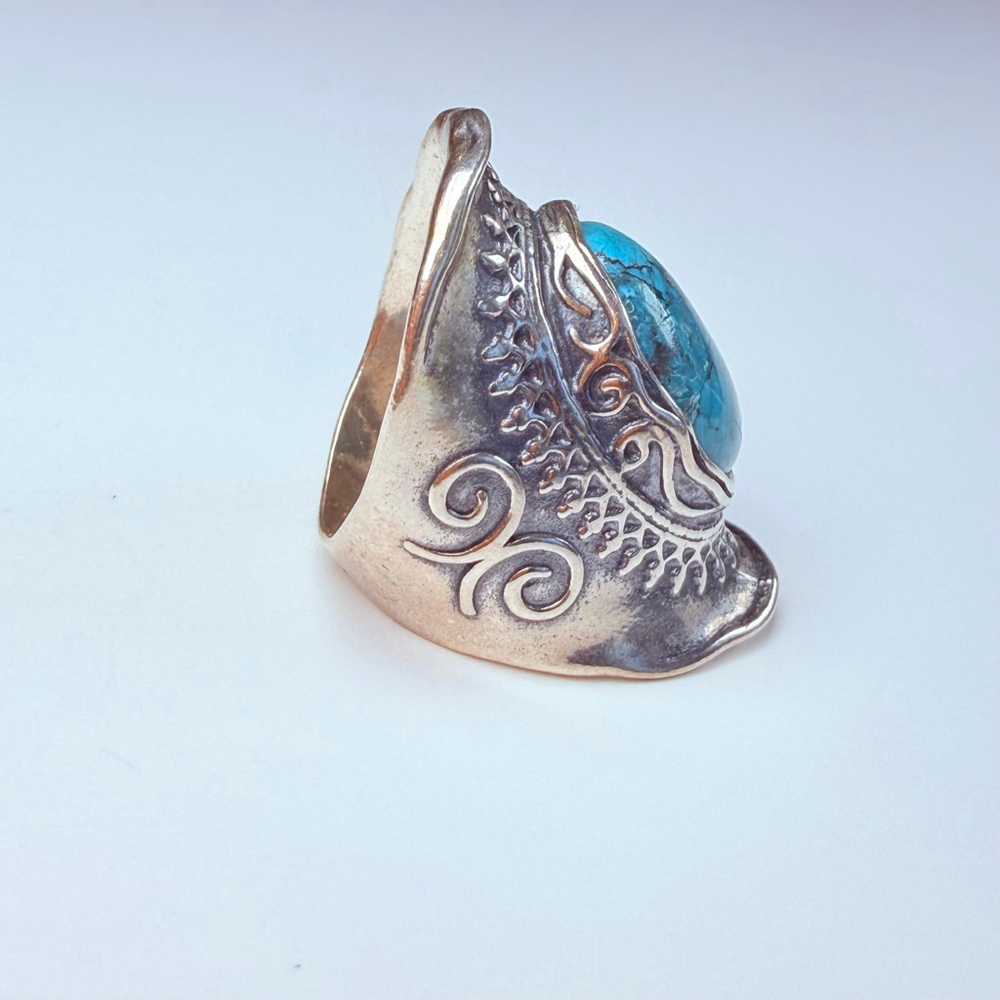 DIDAE 9.5CT Real Eliat Turquoise Sterling Silver Vintage Boho Saddle Israel Ring - Picture 3 of 12